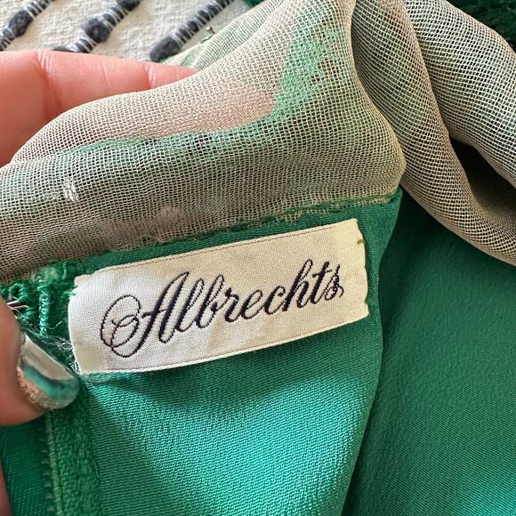 50's VINTAGE | Wayne Fuller Emerald Green Silk Sheath Dress Lace | Approx Sz 10 - Picture 11 of 12